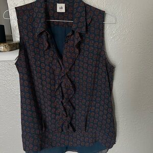 CAbi Style Medallion Reign Sleeveless Ruffle Front Blouse Size L